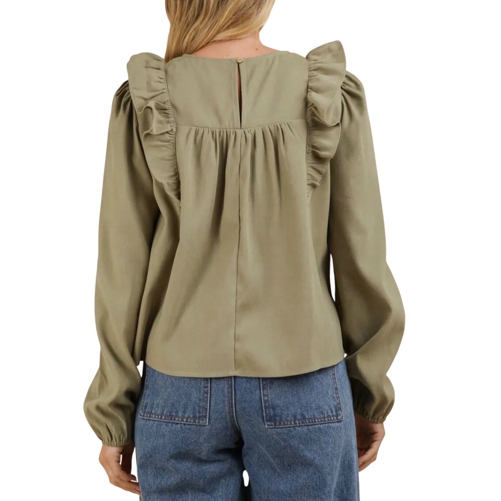 Very J New In Ruffle Smocked Blouse Womens Large Olive Green Long Sleeve Boho - Picture 3 of 14